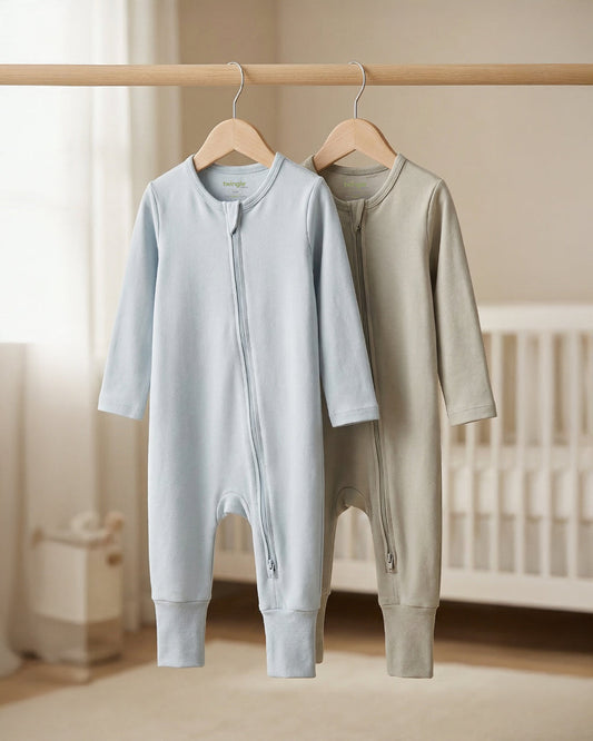 Twingle 100% Organic Cotton Sleepsuits-Zip Guard to Protect Baby's Chin & Neck-Two Way Zipper for Easy Diaper Change-Inbuilt Booties & Mittens-Long Sleeves-Solid-Sage Green & Light Blue-Pack of 2-For Infants