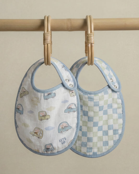 Twingle 100% Organic Muslin Bib-Soft Terry on the Back for maximum Absorbency-Trusted YKK Snaps-Drivers & Checks Print-Pack of 2-For Infants