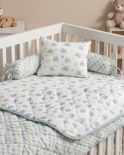 Twingle 100% Organic Muslin Little Drivers Baby Bedding Set-Pack of 5-Reversible Quilt, All-round Elastic Bedsheet, Pillow & Bolsters-White & Blue-For Infants