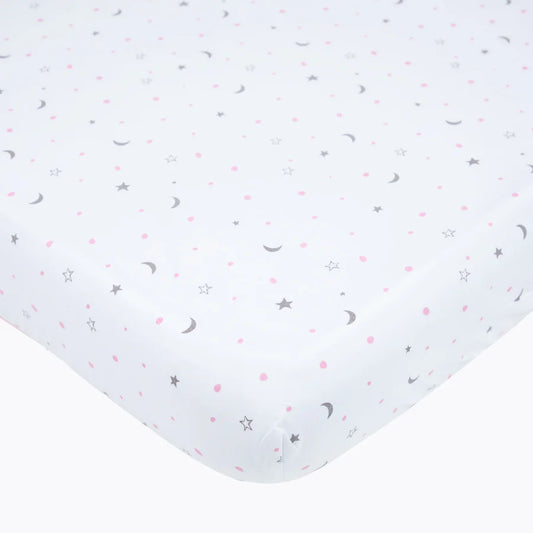 Masilo Sleepy Star Grey/Pink Fitted Cot Bedsheet-GOTS Certified Organic Cotton-For Infants