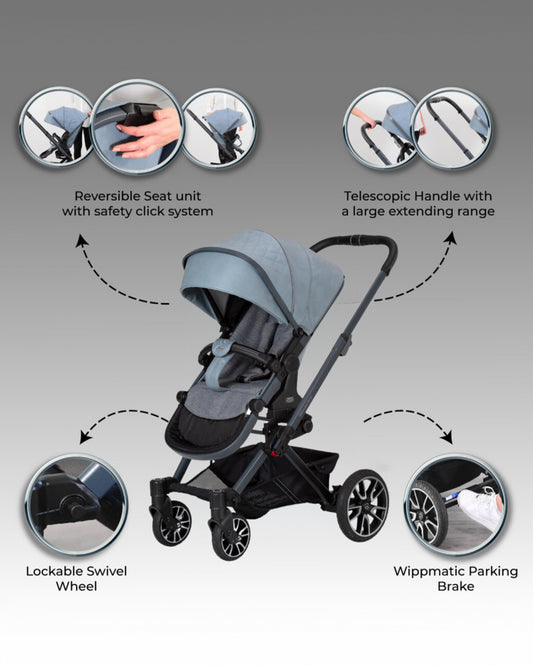 Mercedes-Benz Avantgarde GTX Baby Stroller-Height Adjustable Parent Handle Bar-Flat Reclining Seat & Reversible Seat-Includes Bag2Go Organiser & Rain Cover-2 Years Warranty-For 0 to 5Y-Denim Blue