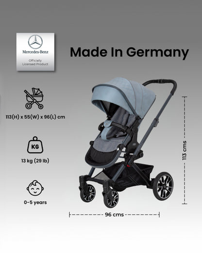 Mercedes-Benz Avantgarde GTX Baby Stroller-Height Adjustable Parent Handle Bar-Flat Reclining Seat & Reversible Seat-Includes Bag2Go Organiser & Rain Cover-2 Years Warranty-For 0 to 5Y-Denim Blue