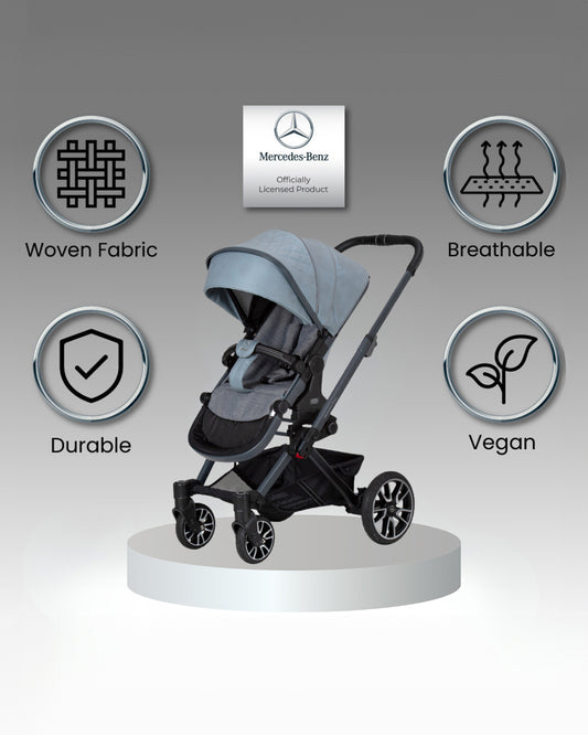 Mercedes-Benz Avantgarde GTX Baby Stroller-Height Adjustable Parent Handle Bar-Flat Reclining Seat & Reversible Seat-Includes Bag2Go Organiser & Rain Cover-2 Years Warranty-For 0 to 5Y-Denim Blue