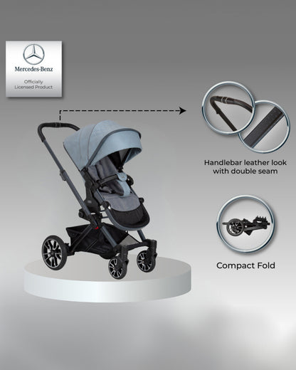 Mercedes-Benz Avantgarde GTX Baby Stroller-Height Adjustable Parent Handle Bar-Flat Reclining Seat & Reversible Seat-Includes Bag2Go Organiser & Rain Cover-2 Years Warranty-For 0 to 5Y-Denim Blue