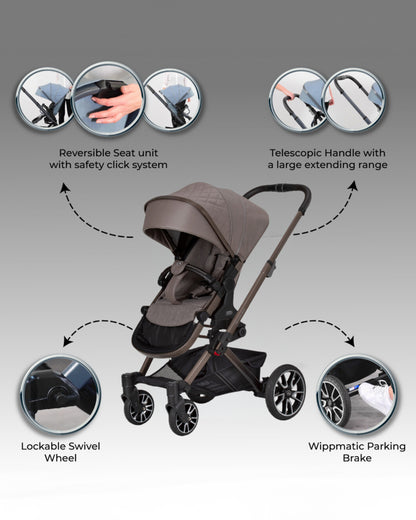 Mercedes-Benz Avantgarde GTX Baby Stroller-Height Adjustable Parent Handle Bar-Flat Reclining Seat & Reversible Seat-Includes Bag2Go Organiser & Rain Cover-2 Years Warranty-For 0 to 5Y-Truffle