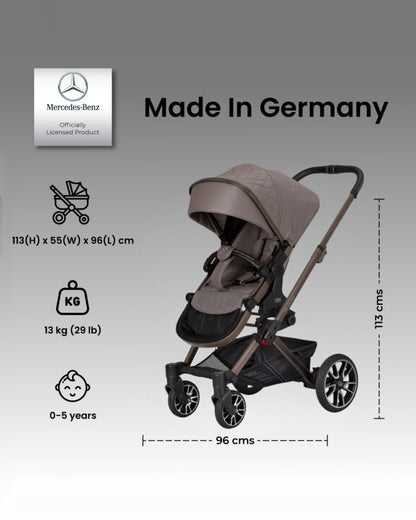 Mercedes-Benz Avantgarde GTX Baby Stroller-Height Adjustable Parent Handle Bar-Flat Reclining Seat & Reversible Seat-Includes Bag2Go Organiser & Rain Cover-2 Years Warranty-For 0 to 5Y-Truffle