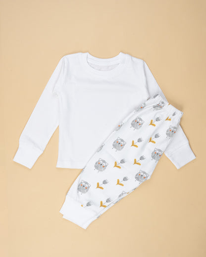 Picksparrow White Pajama Set-Owl-Cotton-For Infants