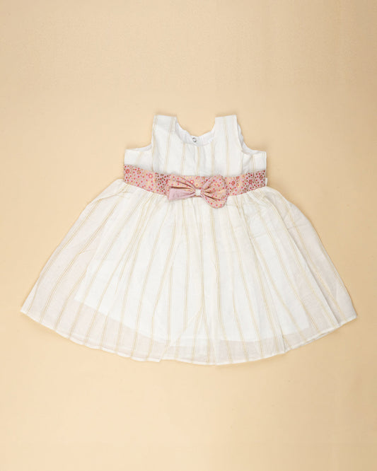 Picksparrow Cream Frock With Bow-Embroidered-Cotton-For Infants