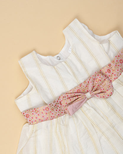 Picksparrow Cream Frock With Bow-Embroidered-Cotton-For Infants