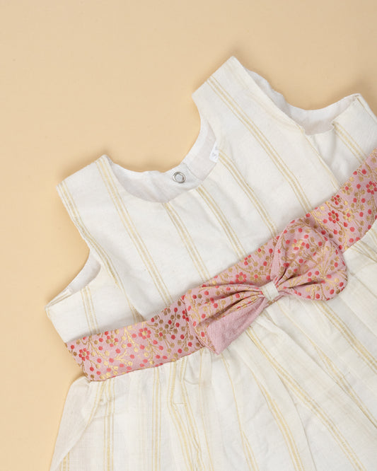 Picksparrow Cream Frock With Bow-Embroidered-Cotton-For Infants