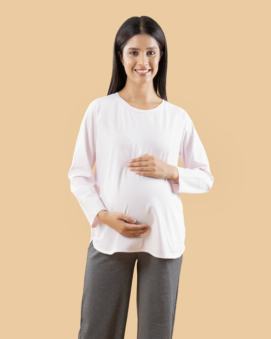 Wobbly Walk Barely Pink Maternity Top-Solid Color-Cotton-Full Sleeves-Bump Friendly