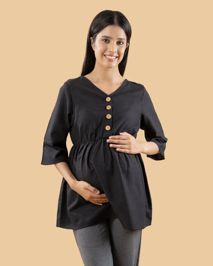 Wobbly Walk Black Maternity Nursing Top-Solid Color-Linen-Bump Friendly