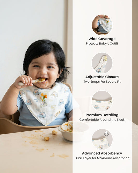 Twingle 100% Organic Muslin Bandana Bib-Dual Layer for Maximum Absorbency-Trusted YKK Snaps-Drivers & Checks Print-Pack of 2-For Infants