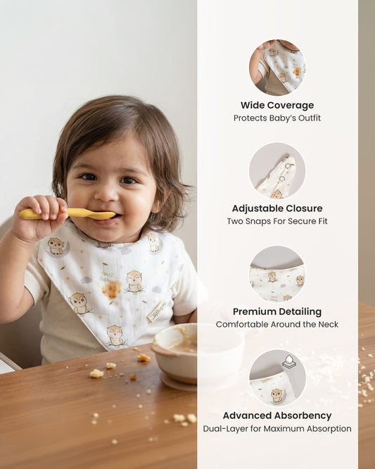 Twingle 100% Organic Muslin Bandana Bib-Dual Layer for Maximum Absorbency-Trusted YKK Snaps-Owls & Stars Print-Pack of 2-For Infants