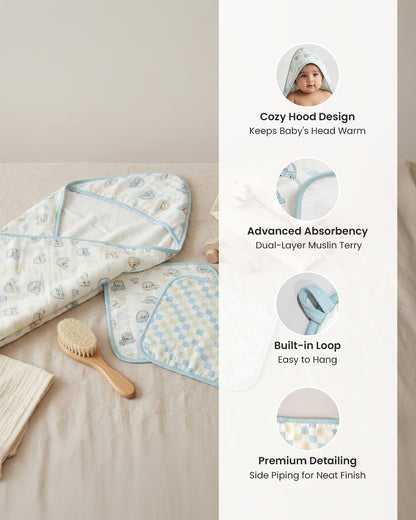 Twingle 100% Organic Muslin Hooded Towel with 2 Face Towels-Gentle on Delicate Skin-Backed by Highly Absorbent Terry-Little Drivers & Checks Print-Pack of 3-For Infants