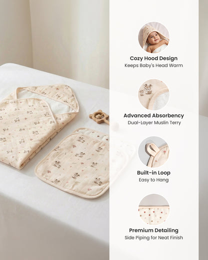 Twingle 100% Organic Muslin Hooded Towel with 2 Face Towels-Gentle on Delicate Skin-Backed by Highly Absorbent Terry-Deer & Hearts Print-Pack of 3-For Infants