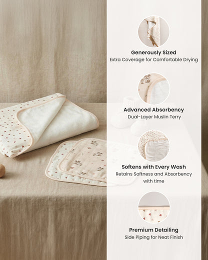 Twingle 100% Organic Muslin Towel with 2 Face Towels-Gentle on Delicate Skin-Backed by Highly Absorbent Terry-Deer & Hearts Print-Pack of 3-For Infants