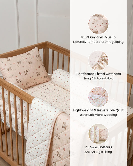 Twingle 100% Organic Muslin Mama Deer Baby Bedding Set-Pack of 5-Reversible Quilt, All-round Elastic Bedsheet, Pillow & Bolsters-Eco Certified Genesta baby safe Inks-White & Blue-For Infants