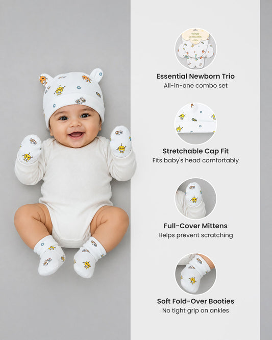 Twingle 100% Organic Cotton Cap, Booties & Mittens Set-Snug Cap-Mittens & Booties-with Soft Elasticated Cuffs for Secure Fit-Robo Rides Print-White-For Infants