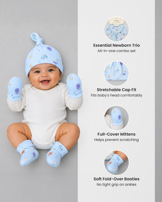 Twingle 100% Organic Cotton Cap, Booties & Mittens Set-Snug Cap-Mittens & Booties-with Soft Elasticated Cuffs for Secure Fit-Aqua Squad Print-Light Blue-For Infants