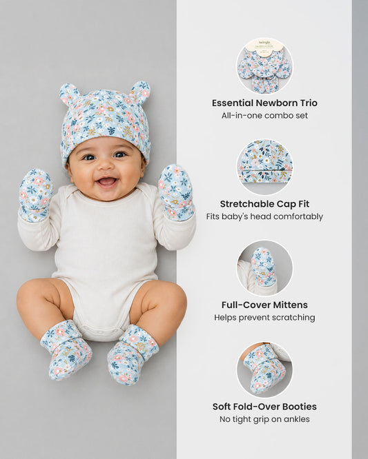 Twingle 100% Organic Cotton Cap, Booties & Mittens Set-Snug Cap-Mittens & Booties-with Soft Elasticated Cuffs for Secure Fit-Flora Bloom Print-Sage Green-For Infants