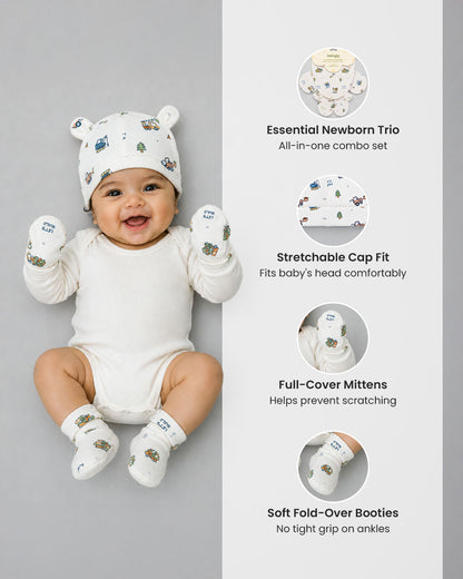 Twingle 100% Organic Cotton Cap, Booties & Mittens Set-Snug Cap-Mittens & Booties-with Soft Elasticated Cuffs for Secure Fit-Builder Buddies Print-Cream-For Infants