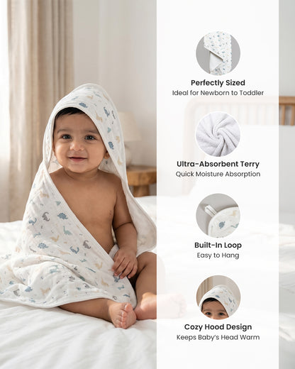 Twingle 100% Organic Muslin Baby Hooded Towel-Prevent Post Bath Chills-Ideal Coverage for Babies-Absorbs Moisture Quickly without Harsh Rubbing-Softens with Every Wash-Dino-White-For Infants