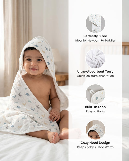 Twingle 100% Organic Muslin Baby Hooded Towel-Prevent Post Bath Chills-Ideal Coverage for Babies-Absorbs Moisture Quickly without Harsh Rubbing-Softens with Every Wash-Dino-White-For Infants