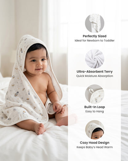 Twingle 100% Organic Muslin Baby Hooded Towel-Prevent Post Bath Chills-Ideal Coverage for Babies-Absorbs Moisture Quickly without Harsh Rubbing-Softens with Every Wash-Aerospace-White-For Infants
