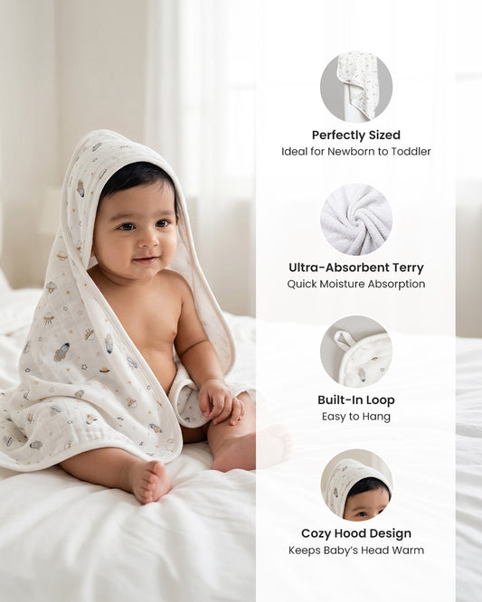 Twingle 100% Organic Muslin Baby Hooded Towel-Prevent Post Bath Chills-Ideal Coverage for Babies-Absorbs Moisture Quickly without Harsh Rubbing-Softens with Every Wash-Aerospace-White-For Infants