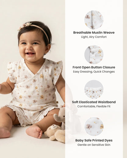 Twingle 100% Organic Muslin Jhabla & Shorts Set-Kimono Opening for Easy Dressing-Soft Elasticated Waistband-Butterfly-White-For Infants