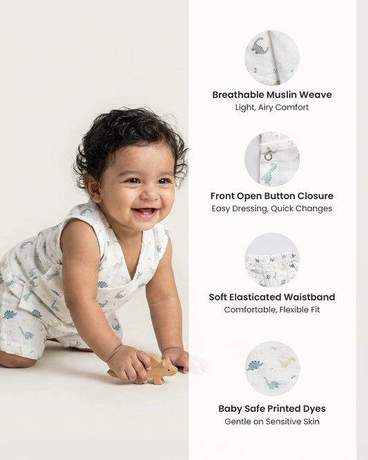 Twingle 100% Organic Muslin Jhabla & Shorts Set-Kimono Opening for Easy Dressing-Soft Elasticated Waistband-Dino-White-For Infants