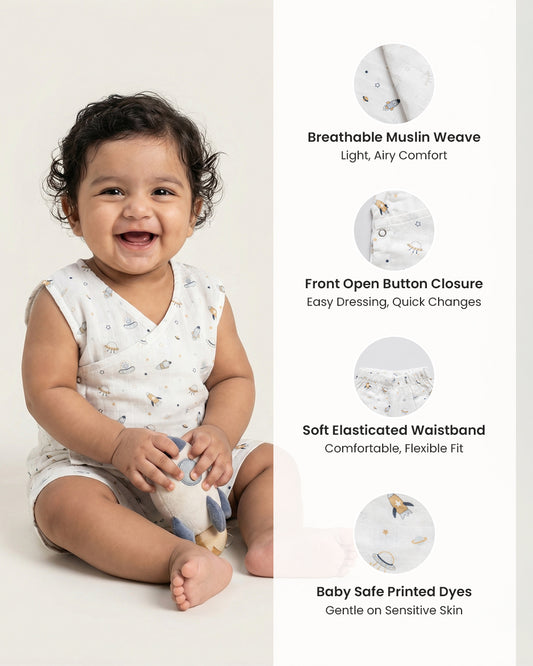Twingle 100% Organic Muslin Jhabla & Shorts Set-Kimono Opening for Easy Dressing-Soft Elasticated Waistband-Aerospace-White-For Infants