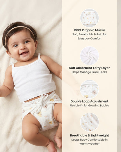 Twingle 100% Organic Muslin String Nappy-Soft Absorbent Terry Layer-Mess Free Design-Helps Control 1-2 Leaks-Double Loop for 2 Size Adjustment-Lavender & Butterfly Print-Pack of 2