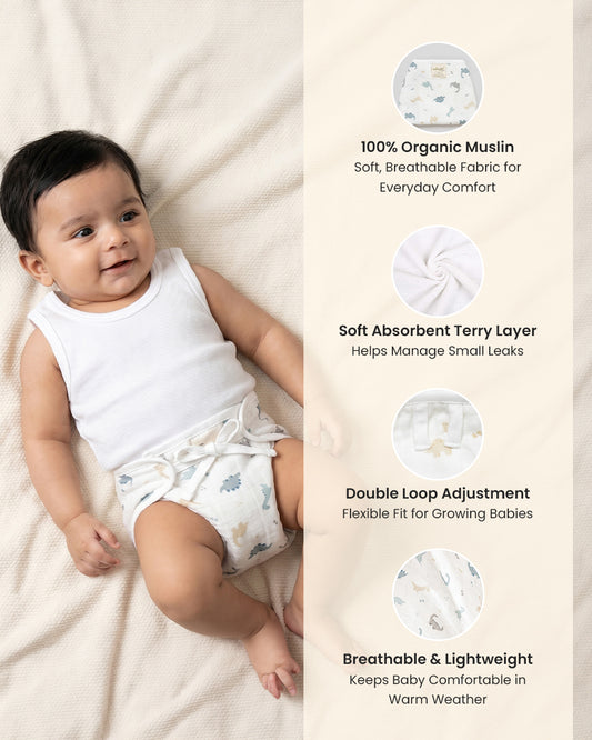 Twingle 100% Organic Muslin String Nappy-Soft Absorbent Terry Layer-Mess Free Design-Helps Control 1-2 Leaks-Double Loop for 2 Size Adjustment-Aerospace & Dino Print-Pack of 2