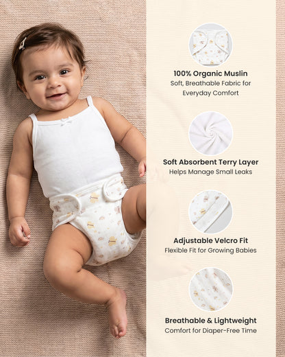 Twingle 100% Organic Muslin Velcro Nappy-Soft Absorbent Terry Layer-Mess Free Design-Helps Control 1-2 Leaks-Adjustable Velcro Fit-Lavender & Butterfly Print-Pack of 2
