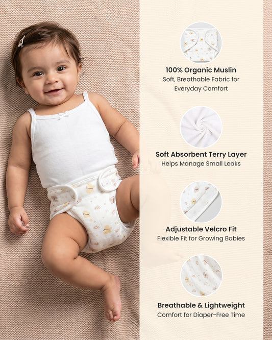 Twingle 100% Organic Muslin Velcro Nappy-Soft Absorbent Terry Layer-Mess Free Design-Helps Control 1-2 Leaks-Adjustable Velcro Fit-Lavender & Butterfly Print-Pack of 2