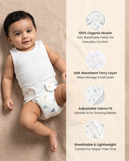 Twingle 100% Organic Muslin Velcro Nappy-Soft Absorbent Terry Layer-Mess Free Design-Helps Control 1-2 Leaks-Adjustable Velcro Fit-Aerospace & Dino Print-Pack of 2