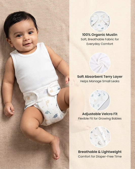 Twingle 100% Organic Muslin Velcro Nappy-Soft Absorbent Terry Layer-Mess Free Design-Helps Control 1-2 Leaks-Adjustable Velcro Fit-Aerospace & Dino Print-Pack of 2