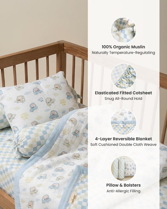 Twingle 100% Organic Muslin Little Drivers Baby Bedding Set-Pack of 5-Reversible Blanket, All-round Elastic Bedsheet, Pillow & Bolsters-Eco Certified Genesta baby safe Inks-White & Blue-For Infants