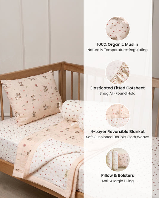 Twingle 100% Organic Muslin Mama Deer Baby Bedding Set-Pack of 5-Reversible Blanket, All-round Elastic Bedsheet, Pillow & Bolsters-Eco Certified Genesta baby safe Inks-White & Blue-For Infants