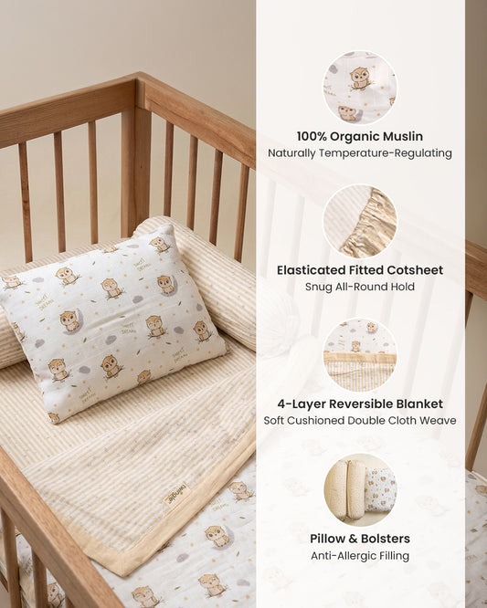 Twingle 100% Organic Muslin Sleepy Owls Baby Bedding Set-Pack of 5-Reversible Blanket, All-round Elastic Bedsheet, Pillow & Bolsters-Eco Certified Genesta baby safe Inks-White & Blue-For Infants
