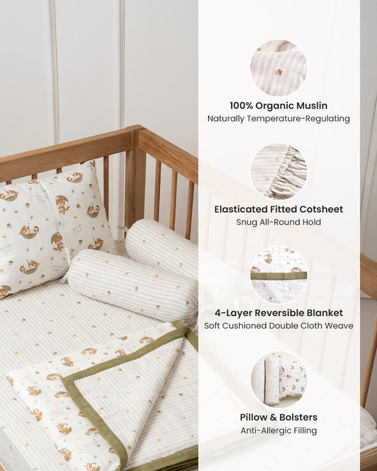 Twingle 100% Organic Muslin Cozy Roars Baby Bedding Set-Pack of 5-Reversible Blanket, All-round Elastic Bedsheet, Pillow & Bolsters-Eco Certified Genesta baby safe Inks-White & Blue-For Infants