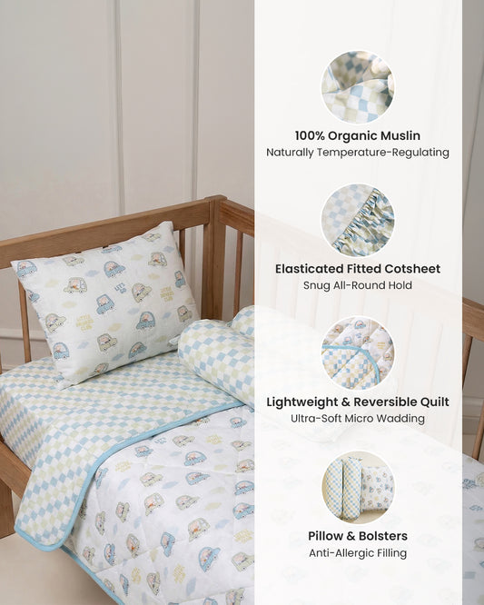 Twingle 100% Organic Muslin Little Drivers Baby Bedding Set-Pack of 5-Reversible Quilt, All-round Elastic Bedsheet, Pillow & Bolsters-Eco Certified Genesta baby safe Inks-White & Blue-For Infants