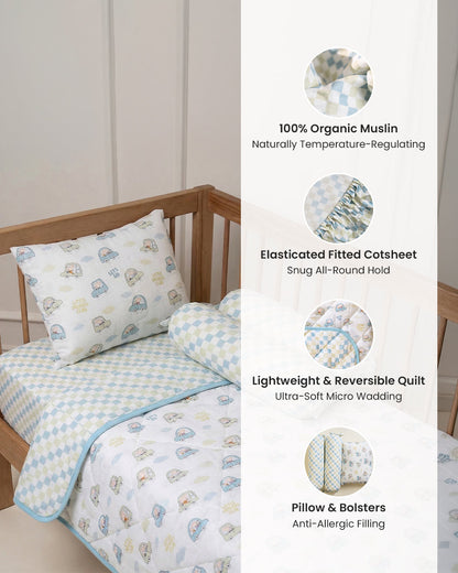 Twingle 100% Organic Muslin Little Drivers Baby Bedding Set-Pack of 5-Reversible Quilt, All-round Elastic Bedsheet, Pillow & Bolsters-White & Blue-For Infants