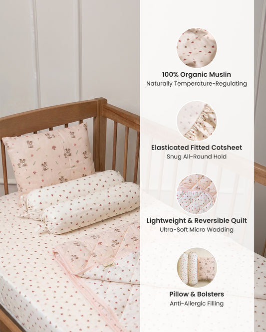 Twingle 100% Organic Muslin Mama Deer Baby Bedding Set-Pack of 5-Reversible Quilt, All-round Elastic Bedsheet, Pillow & Bolsters-Eco Certified Genesta baby safe Inks-White & Blue-For Infants