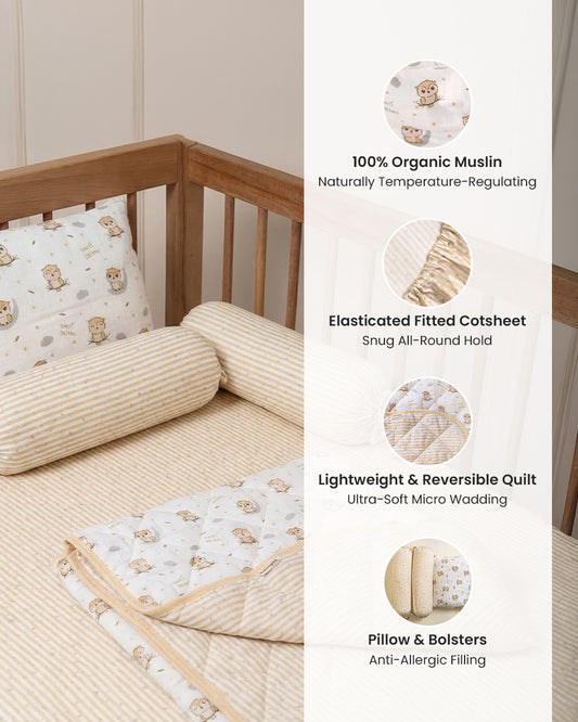 Twingle 100% Organic Muslin Sleepy Owls Baby Bedding Set-Pack of 5-Reversible Quilt, All-round Elastic Bedsheet, Pillow & Bolsters-Eco Certified Genesta baby safe Inks-White & Blue-For Infants