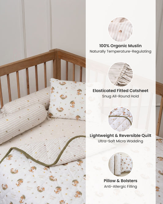 Twingle 100% Organic Muslin Cozy Roars Baby Bedding Set-Pack of 5-Reversible Quilt, All-round Elastic Bedsheet, Pillow & Bolsters-Eco Certified Genesta baby safe Inks-White & Blue-For Infants