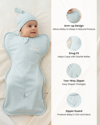 Twingle 100% Organic Cotton Sleeping Bag with Beanie-Snug Fit & Arms Up Design for Natural Body Posture-Zip Guard to Protect Baby's Chin & Neck-Two Way Zipper for Easy Diaper Change-Solid-Misty Blue-For Infants
