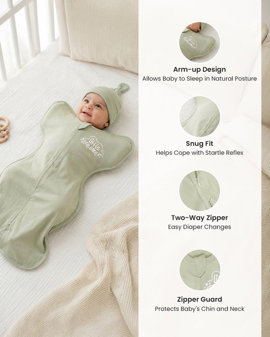 Twingle 100% Organic Cotton Sleeping Bag with Beanie-Snug Fit & Arms Up Design for Natural Body Posture-Zip Guard to Protect Baby's Chin & Neck-Two Way Zipper for Easy Diaper Change-Solid-Swamp-For Infants